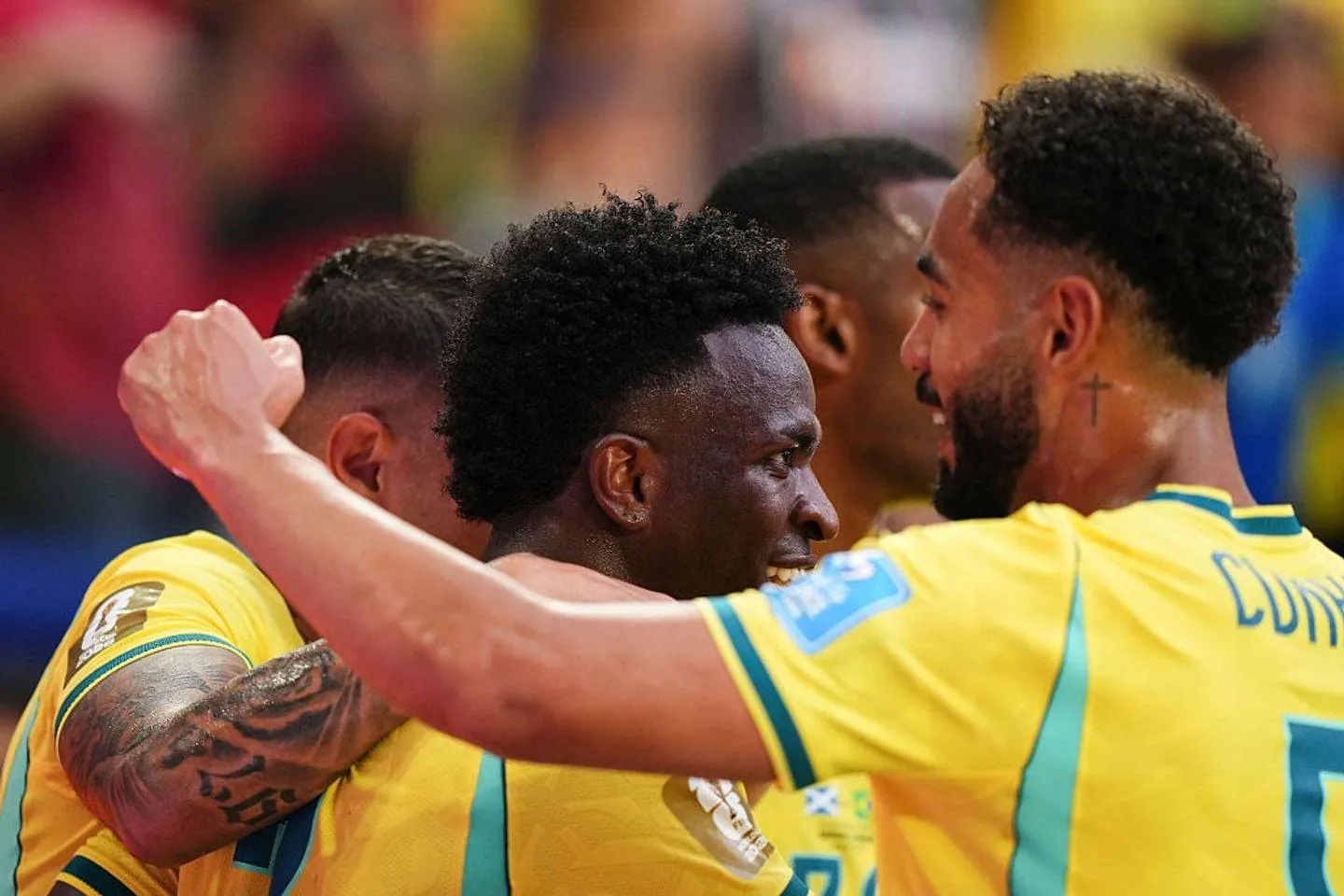 MIAMI GARDENS, FLORIDA - JUNE 24: Vinicius Junior of Brazil celebrates after scoring his team's second goal later disallowed by VAR during the FIFA World Cup 2026 Group C match between Scotland and Brazil at Miami Stadium on June 24, 2026 in Miami Gardens, Florida.