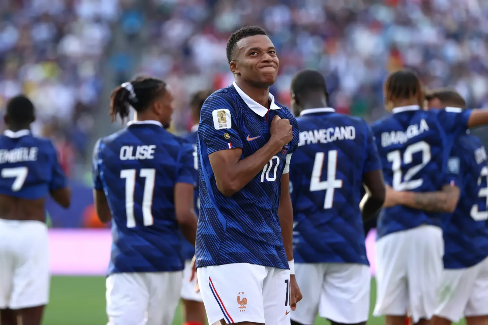 France's Kylian Mbappé celebrates scoring his second goal during his team's win over Sweden.