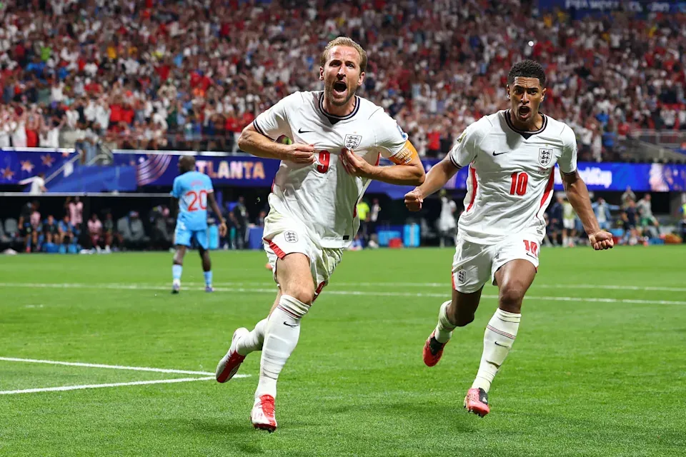Harry Kane of England celebrates after scoring during the second half of a FIFA World Cup Round of 32 match against DR Congo at Atlanta Stadium on Wednesday in Atlanta.(Chris Brunskill/Fantasista via Getty Images)