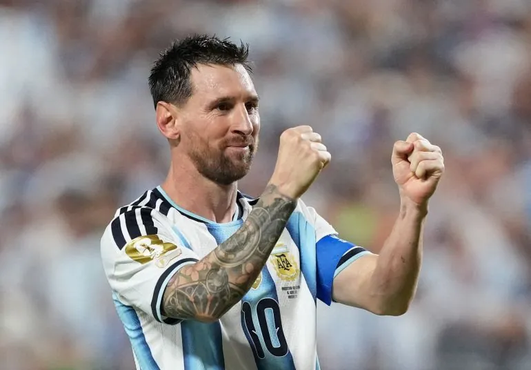 Soccer Football - FIFA World Cup 2026 - Group J - Argentina v Algeria - Kansas City Stadium, Kansas City, Missouri, U.S. - June 16, 2026 Argentina's Lionel Messi celebrates scoring their third goal to complete a hat-trick IMAGN IMAGES via Reuters/Jay Biggerstaff TPX IMAGES OF THE DAY