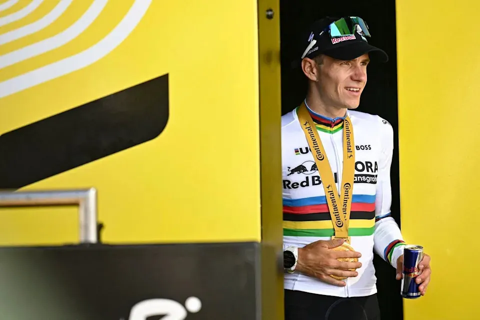 Red Bull-Bora-Hansgrohe's Remco Evenepoel celebrates after winning stage 16 at the Tour de France.