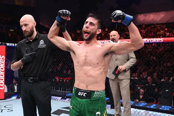 Steve Erceg of Australia reacts after a victory against Tim Elliott in a flyweight fight during the UFC Fight Night event at RAC Arena on May 02, 2026 in Perth, Australia. (Photo by Ed Mulholland/Zuffa LLC)