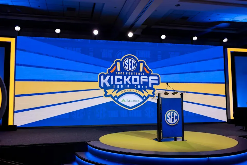 TAMPA, FLORIDA - JULY 23: A generic shot of the stage at SEC Football Kickoff Media Day at Tampa Marriott Water Street on July 23, 2026 in Tampa, Florida. (Photo by Parker S. Freedman/Getty Images) | Getty Images