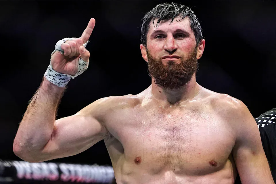 Russia's Magomed Ankalaev reacts after winning his men's light heavyweight fight against Uzbekistan's Bogdan Guskov in the UFC Fight Night event at Etihad Arena in Abu Dhabi on July 25, 2026. (Photo by Fadel SENNA / AFP via Getty Images) | AFP via Getty Images